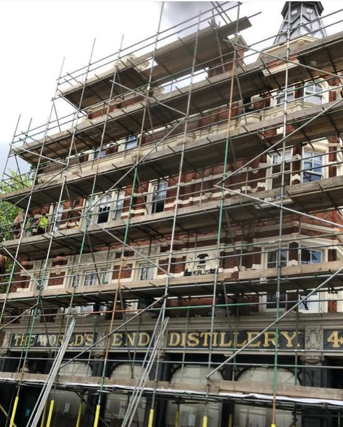 Heritage refurbishment scaffolding at World's End Distillery, London